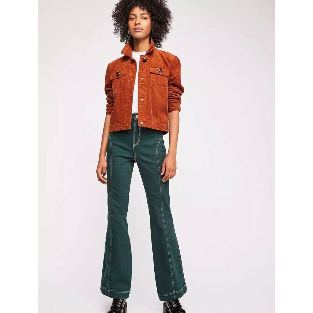 Free People High-Rise Foxy Flare Jeans Green Wide Leg Retro - Picture 11 of 16